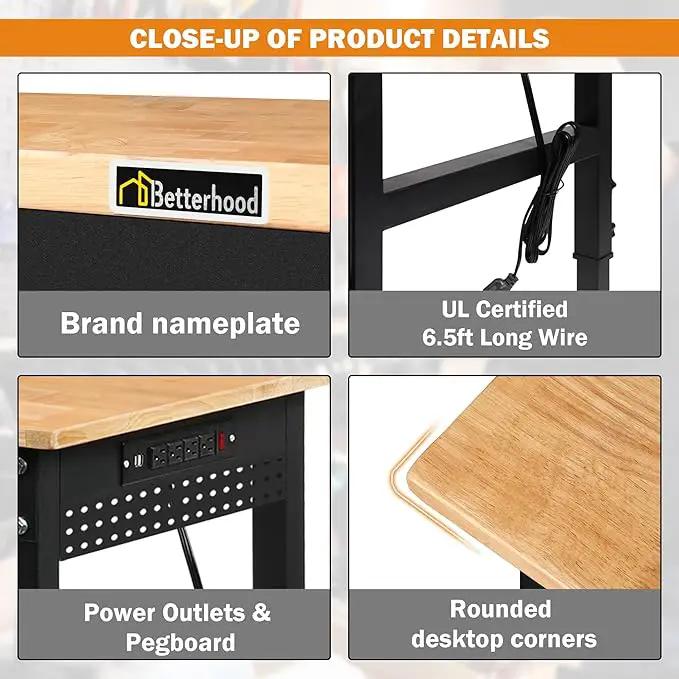 70" Adjustable Height Workbench, 2000 LBS Heavy Duty Work Table with Power Outlets & Pegboard, Rubber Wood Workstation for Garage, Workshop, Office, Home, Commercial by GreenHaven Gardens