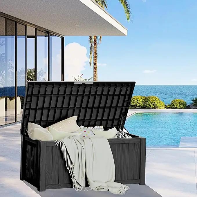 Extra-Large 150 Gallon Outdoor Chest Storage Waterproof - Outside Storage Box & Bench, Resin Deck Chest for Patio/Pool, Lockable UV-Resistant, Onyx Black by GreenHaven Gardens