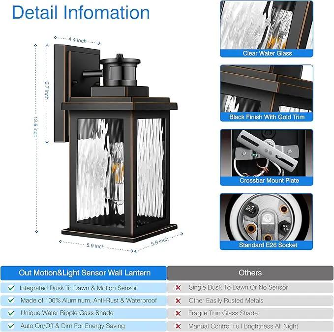 Motion Sensor Outdoor Lights Wall Mount, Dusk to Dawn Exterior Light Fixture ,100% Anti-Rust Aluminum Waterproof Porch Light Outside Wall Lights for House, Black Wall Sconce Lanterns with Water Glass… by GreenHaven Gardens