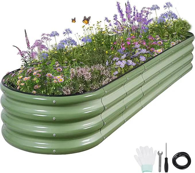 Galvanized Raised Garden Bed - 8x2x1FT Metal Planter Boxes Outdoor | Oval Steel Raised Bed Kit for Gardening with Protective Tape, Bracing Rods, Gloves for Vegetables, Flower, Herb (Green) by GreenHaven Gardens