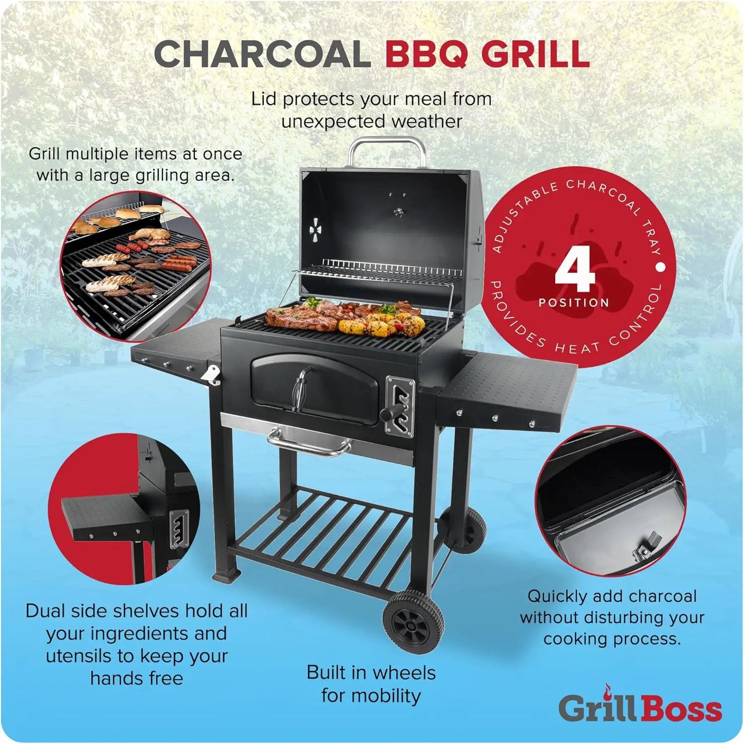 Grill Boss 24 Inch Charcoal BBQ Grill with Side Shelves, Built-In Thermometer, Black by GreenHaven Gardens