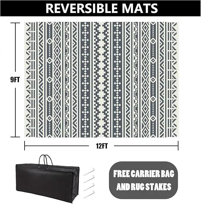 RV Waterproof Mat Outdoor Rugs 9'x12' for Patios Clearance Carpet Camping, Large Plastic Straw (9x12ft Geometric Boho Grey&White) by GreenHaven Gardens