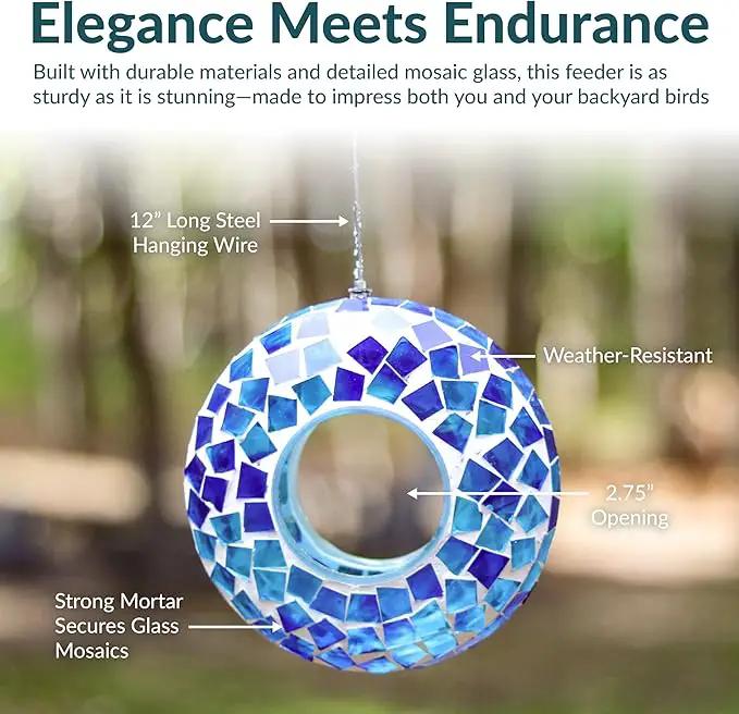 Sunnydaze 6-Inch Glass Mosaic Hanging Bird Feeder for Outdoors - Fly-Through Wild Bird Feeder - Blue Mosaic by GreenHaven Gardens