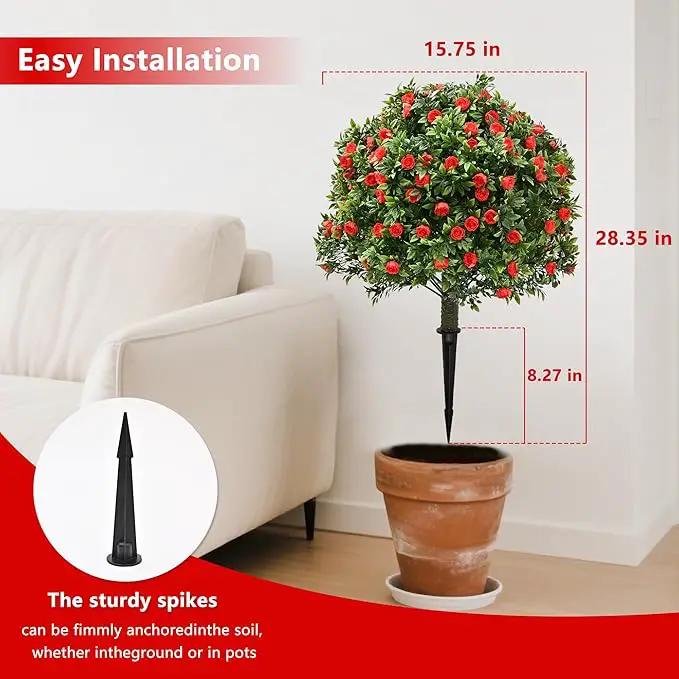 28" Artificial Boxwood Topiary Tree with Rose, Set of 2 Artificial Shrub Bushes with Ground Spike, Fake Evergreen Tree for Porch, Artificial Plants for Outdoor Planters Indoor UV Resistant by GreenHaven Gardens