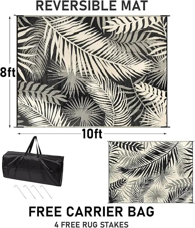 Outdoor Rug Waterproof for Patios Clearance, Reversible Outdoor Plastic Straw Rug Camping Carpet, Outside Floor Mats Large Area Rugs for RV,Patio,Deck,Porch,Beach, Balcony，8'x10',Black&Beige by GreenHaven Gardens