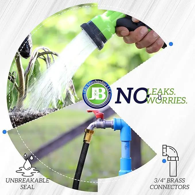 J&B XpandaHose 100ft Expandable Garden Hose with Holder - Heavy Duty Superior Strength 3750D - 4 -Layer Latex Core - Extra Strong Brass Connectors and 10 Spray Nozzle w/Storage Bag (Black 100) by GreenHaven Gardens