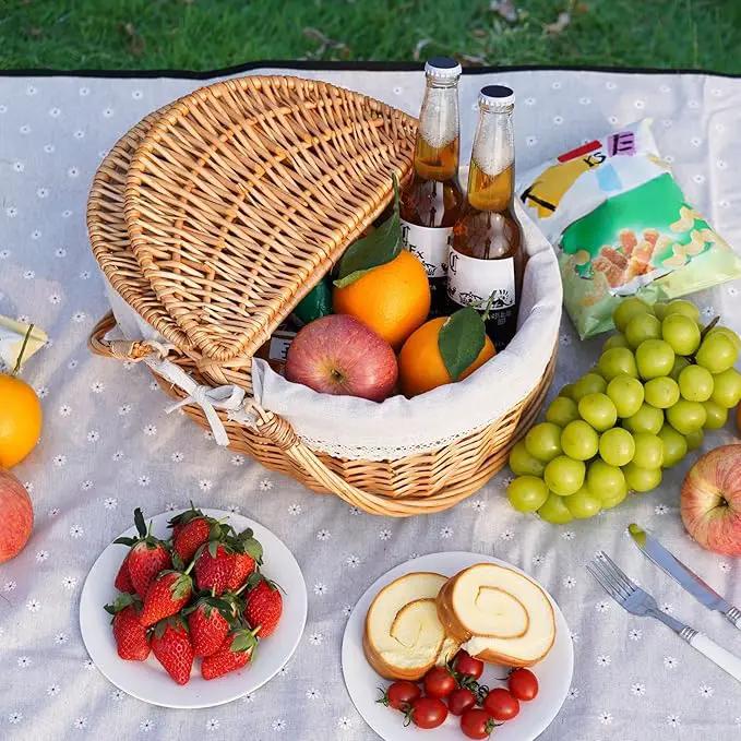 Happypicnic Wicker Picnic Basket with Handle, 15" Large Empty Picnic Basket with Lid & Removable Liner, Vintage Hand Woven Basket for Picnics, Camping, Veg Picking, Mother's Day, Thanksgiving (Solid) by GreenHaven Gardens