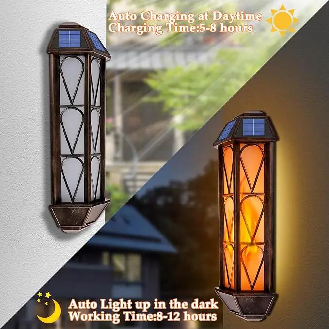 Solar Flame Lights Outdoor, Upgraded 74 LED Flickering Flame Lights, Solar Powered Auto On/Off, Outdoor Waterproof Wall Lanterns for House Garage Doorway Garden Porch Patio Yard Decoration (2 Pack) by GreenHaven Gardens