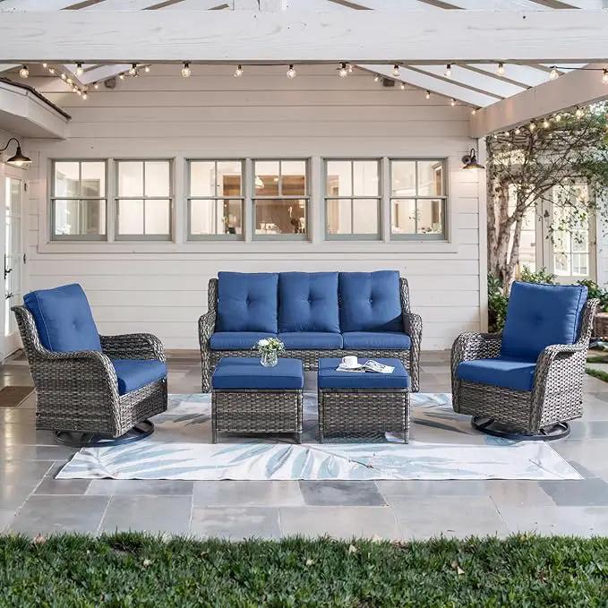 5 Piece Outdoor Patio Furniture Set - Wicker Furniture Patio Conversation Set, Outdoor Swivel Rocker Chairs with 3-Seater Sofa and 2 Ottomans for Small Space, Blue Cushion by GreenHaven Gardens