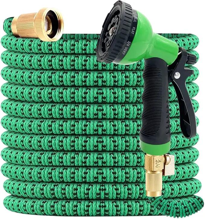 J&B XpandaHose 100ft Expandable Garden Hose with Holder - Heavy Duty Superior Strength 3750D - 4 -Layer Latex Core - Extra Strong Brass Connectors and 10 Spray Nozzle w/Storage Bag (Green 100) by GreenHaven Gardens