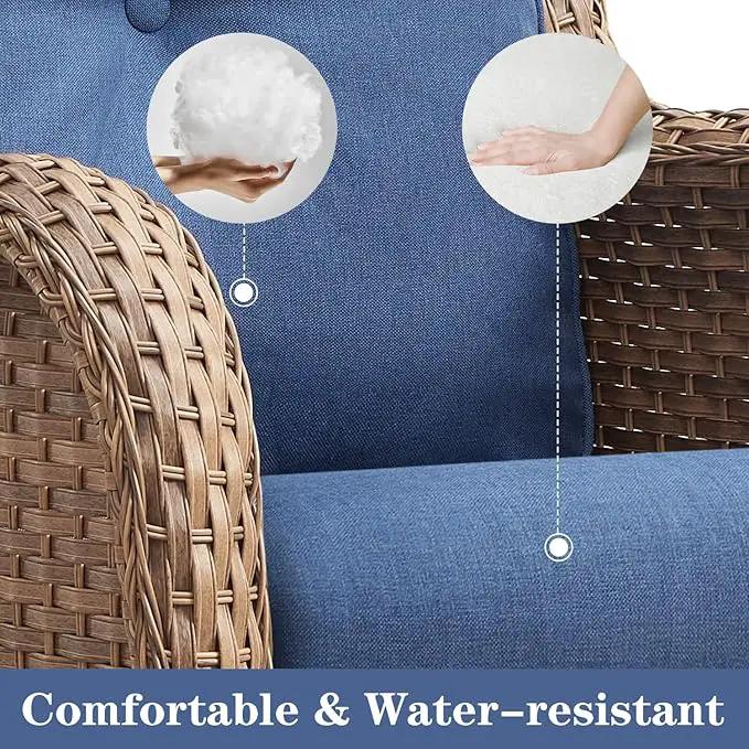 Wicker Outdoor Furniture Patio Furniture Set - 6 Piece Patio Conversation Set with Swivel Rocker Chairs, Loveseat Sofa, Ottomans and Coffee Table, Blue Cushion