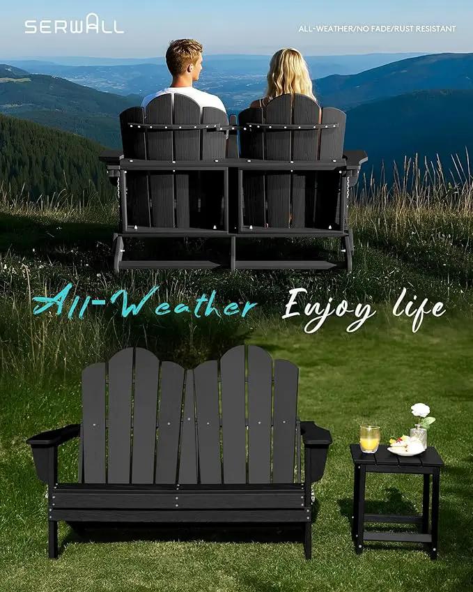 SERWALL Folding Adirondack Bench, HDPE All-Weather Adirondack Loveseat, 660 lbs Capacity, Foldable Outdoor Patio Bench for Deck, Lawn, Garden, Black by GreenHaven Gardens