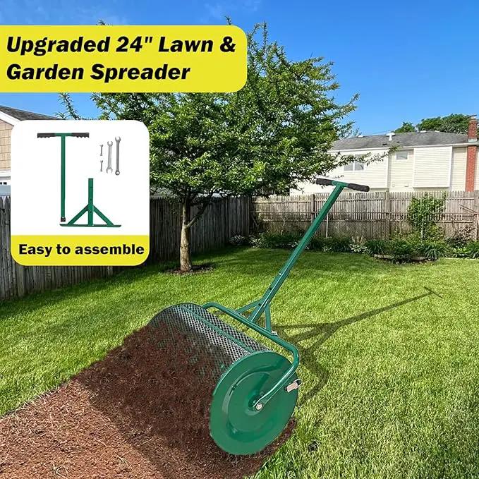 Compost Spreader, 24" Peat Moss Spreader, Roller Lawn Spreader with 3 Heights T Shaped Handle, Side Latches Powder Coated Steel Mesh Basket, Lawn & Garden Spreader for Spreading Manure Topsoil, Green by GreenHaven Gardens