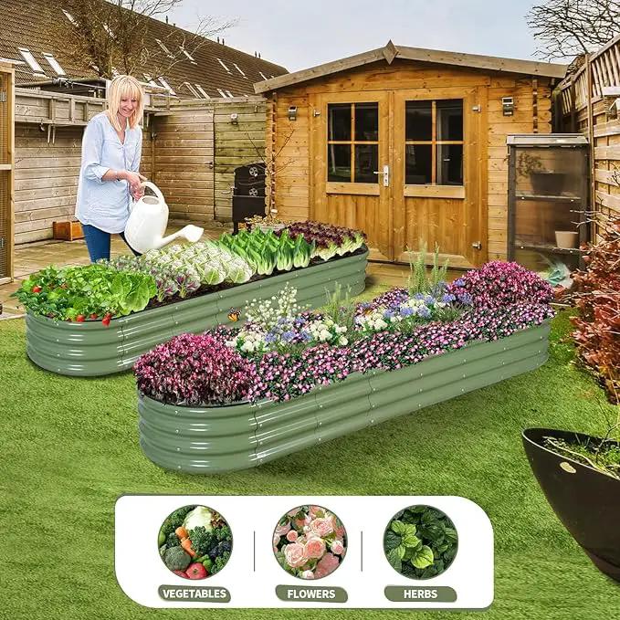 Galvanized Raised Garden Bed - 8x2x1FT Metal Planter Boxes Outdoor | Oval Steel Raised Bed Kit for Gardening with Protective Tape, Bracing Rods, Gloves for Vegetables, Flower, Herb (Green) by GreenHaven Gardens