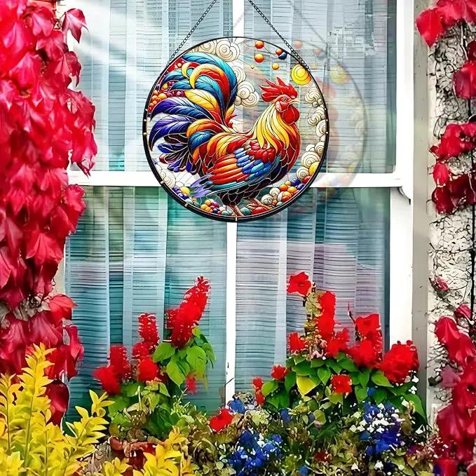 RIVEENY Rooster Glass Window Hangings, 8" Rooster Sun Catcher Stained Glass Window Panels, Wall Art Stained Panel Hangings Gift for Home Garden Ornament (Roosters) by GreenHaven Gardens