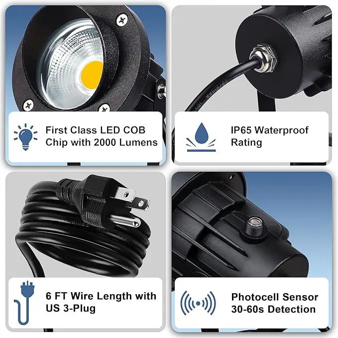 SUNVIE 20W Outdoor Landscape Spotlights 120V Waterproof Dusk to Dawn Spot Lights Outdoor 3000K LED Spotlight with Photocell Sensor Landscape Lighting for Yard Flag Tree Garden Decor 6 FT US 3-Plug in by GreenHaven Gardens