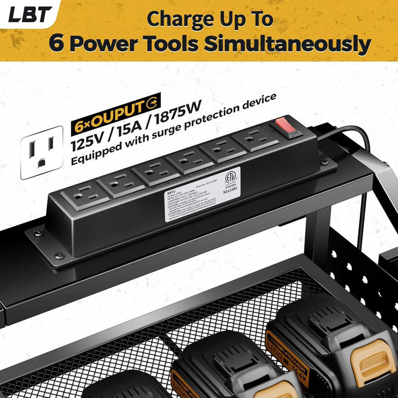 LBT Large Power Tool Organizer Wall Mount with Charging Station, 8 Drill Holder, 4 Layer Heavy Duty Metal Tool Storage Rack, 6 Power Strip, 8 Hooks, 2 Screw Boxes, Cool Gifts for Him Fathers Day by GreenHaven Gardens