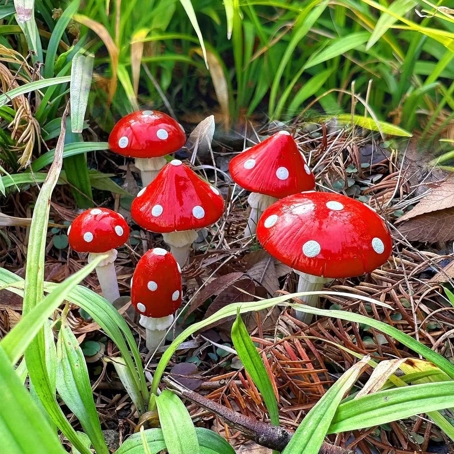 Juegoal Set of 6 Fairy Garden Miniature Mushrooms Statues, Glow in Dark Mini Red Mushroom Resin Figurines, Outdoor Garden Yard Art Accessories, Fly Agarics Sculpture Lawn Ornament Decorations by GreenHaven Gardens