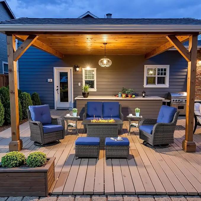 8 Piece Outdoor Patio Furniture Set - 41" CSA Propane Fire Pit Table Patio Conversation Set with Swivel Rocker Outdoor Chairs, Wicker loveseat and Ottoman for Outside Casual Gathering by GreenHaven Gardens