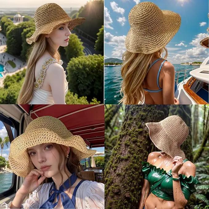 Womens Straw Beach Sun Hats, Foldable Packable Floppy Handmade Crochet Hats for Women,Large Summer Vacation Wide Brim Hat by GreenHaven Gardens