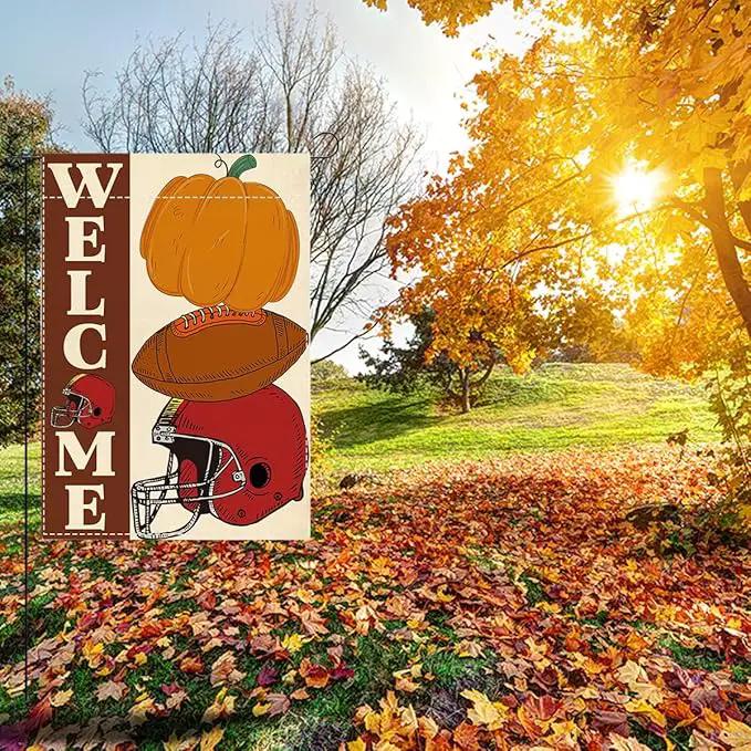 Fall Welcome Garden Flag Autumn Pumpkin Football Garden Flag 12x18 inch Double Sided Fall Thanksgiving Flags for Yard Outdoor Front Door (Flay 1803) by GreenHaven Gardens