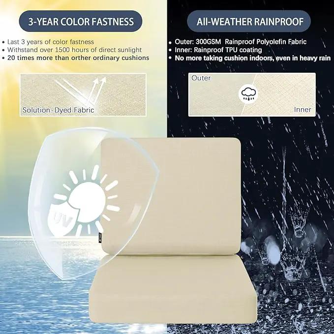 Favoyard Outdoor Deep Seat Cushion Set, 22 x 22 Inch Rainproof & 3-Year Fade Resistant Patio Furniture Cushions, Removable Seat Bottom & Back Cushion Covers with Ties for Chair, Sofa, Couch, Beige by GreenHaven Gardens