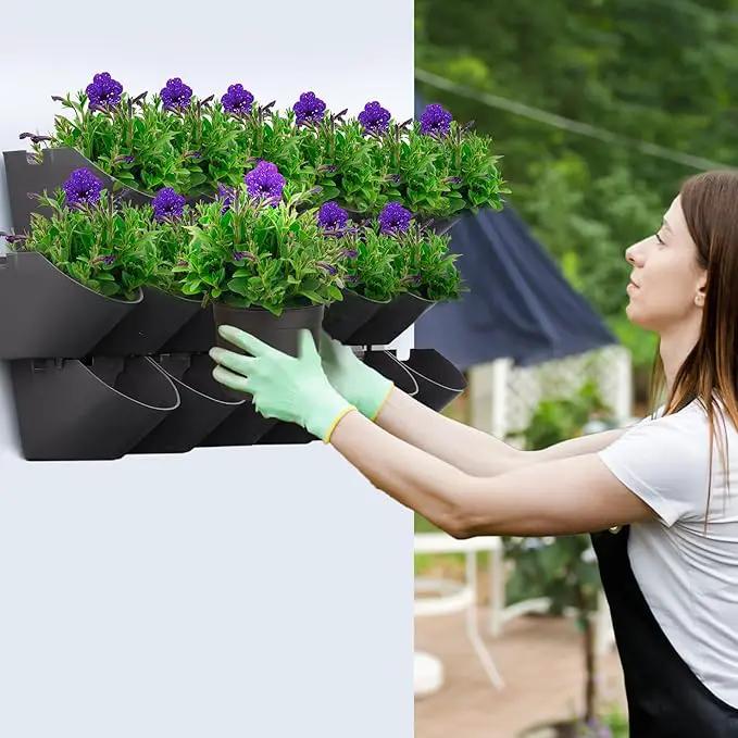 Worth Garden Upgraded 6 Sets (18 Pockets) Self Watering Stackable Vertical Planters - Wall Mounted Plastic Plant Grow Pots fr Strawberries Flowers Herbs - Indoor Outdoor Green Wall Decoration (Black) by GreenHaven Gardens