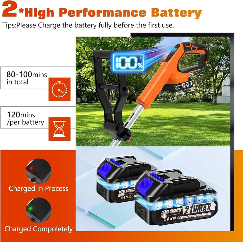 Electric Weed Wacker Eater Cordless Battery Powered, Weed Trimmer 21V Lightweight No-String with 2 Battery Operated & Wheels, 3 in 1 Stringless Grass Trimmer/Edger/Brush Cutter for Garden Yard Lawn by GreenHaven Gardens