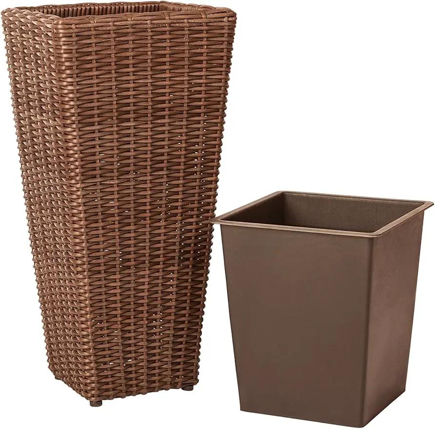 Patio Sense 62501 Alto Wicker All-Weather Planter Set with Liners Tall Plant Decor Box for Outdoors Patio Herb Garden Furnishings - Mocha - Pack of 2 by GreenHaven Gardens