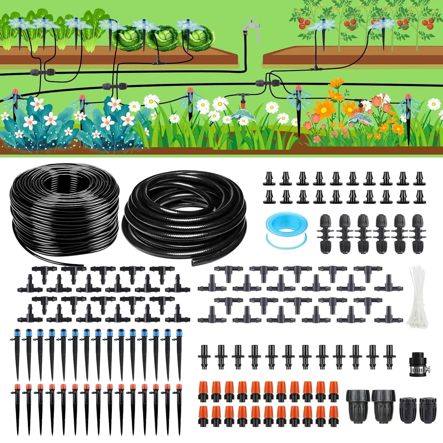 256FT Automatic Drip Irrigation System Kit,Automatic Garden Watering Misting System for Greenhouse, Yard, Plant ，Lawn with 1/2 inch Hose 1/4 inch Distribution Tubing and Accessories by GreenHaven Gardens