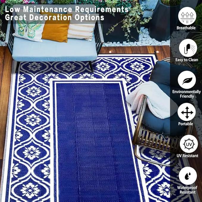 Outdoor Rug 8x10 Patio Waterproof Mat Camping Carpet Outside Area Rug Reversible Light Blue Rugs for RV Deck Entryance Porch Picnic Balcony Beach by GreenHaven Gardens