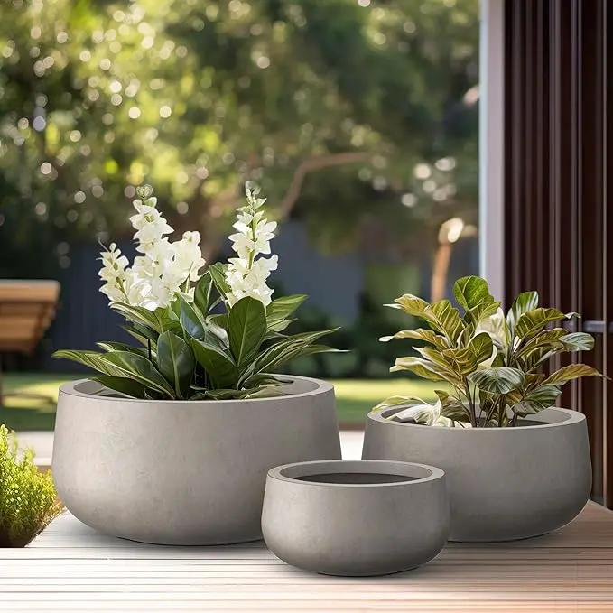 Kante 19.6",15.7",11.8" Dia Round Concrete Planters Set of 3, Outdoor Indoor Large Plant Pots with Drainage Hole, Modern Curvaceous Design, Weathered Concrete by GreenHaven Gardens