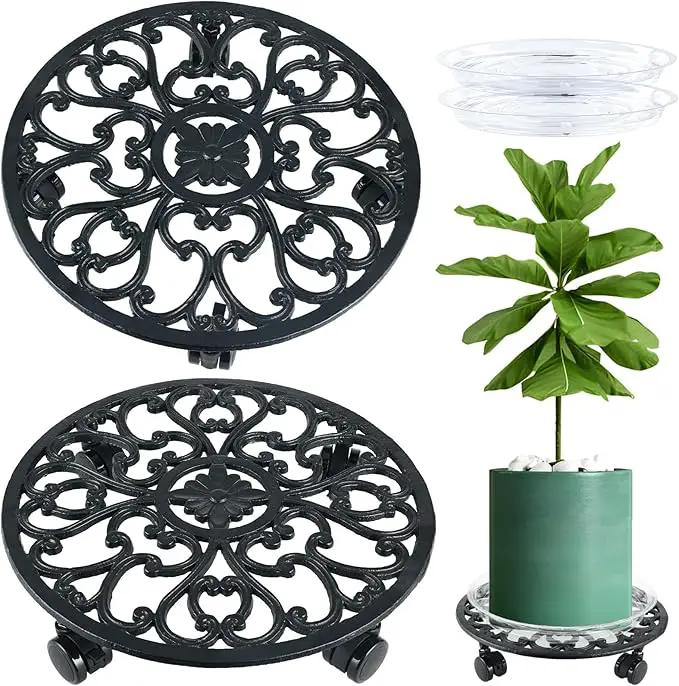 2 Packs 14 Inch Rolling Plant Stand with Wheels Metal Plant Caddy with Wheels Heavy Duty Round Plant Stand Indoor Iron Plants Rollers for Plants, Plant Dolly with Plant Saucers by GreenHaven Gardens