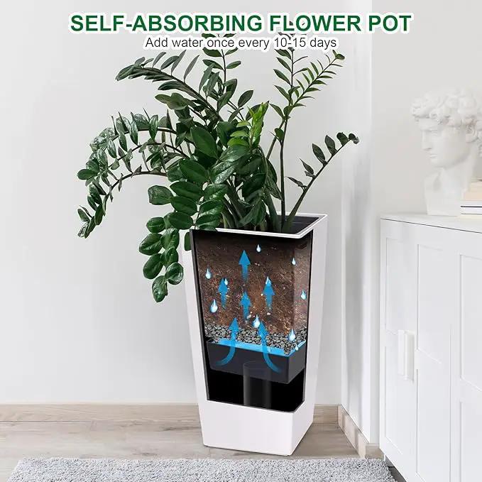 30" Tall Planters Set of 2, Outdoor＆Indoor Black Planter Pots, High Front Porch Planter Pots with Drainage Holes＆Water Level Monitor Movable Wheels ＆Inner Bucket, Automatic Watering, White by GreenHaven Gardens