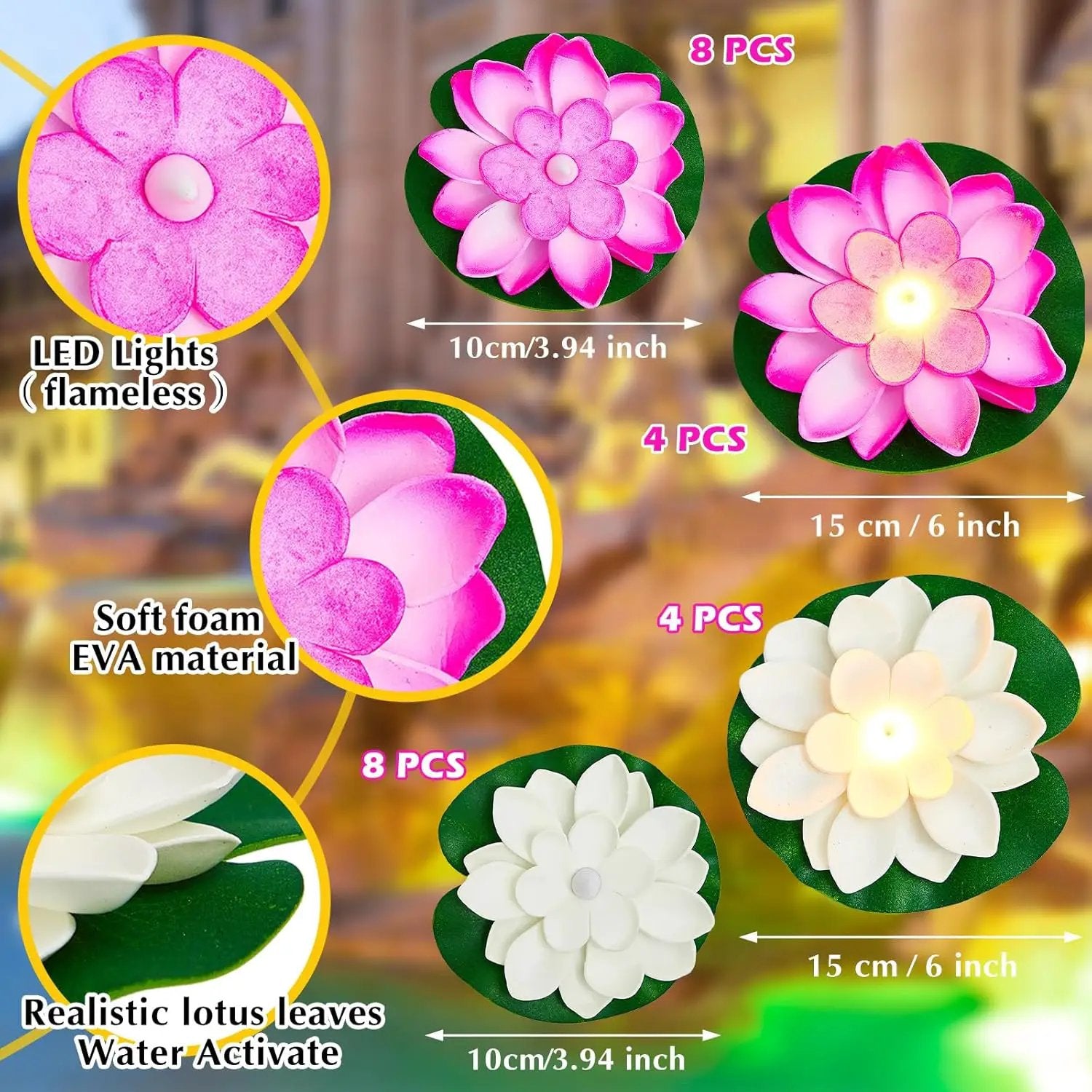 Liliful 24 Pcs Diwali Lotus Decoration Pool Floating Lights, Artificial Flowers Lotus with LED,Lily Pads Water Lantern for Indian Puja Home Decoration(3.94 Inch, 5.91 Inch,White, Pink) by GreenHaven Gardens