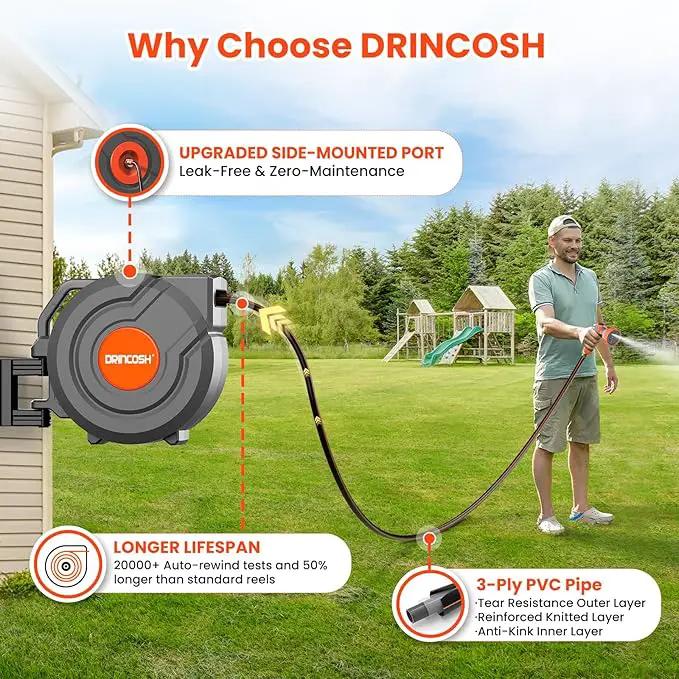 Upgraded Retractable Garden Hose 5/8 in x 90 ft Heavy Duty Wall-Mounted Hose Reel 180°Swivel Automatic Slow Return Any Length Lock 9 Pattern Nozzle UV Resistant (Black) by GreenHaven Gardens
