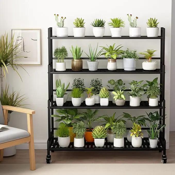 YIZAJIA Plant Stand Indoor 4 Tier Metal Outdoor Tiered Stands Shelf With wheel for Multiple Plants Potted Ladder Plant Holder Table Plant Pot Stand for Window Garden Balcony Living Room (4 Tier-Black) by GreenHaven Gardens