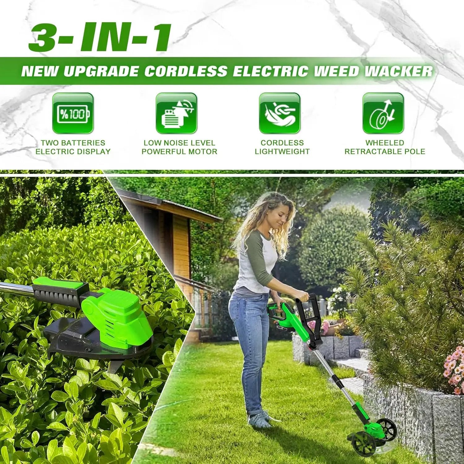 Electric Weed Wacker Eater Cordless Battery Powered, Weed Trimmer 21V Lightweight No-String with 2 Battery Operated & Wheels, 3 in 1 Stringless Grass Trimmer/Edger/Brush Cutter for Garden Yard Lawn by GreenHaven Gardens