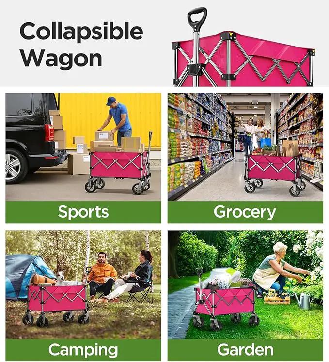 Beach Wagon,Collapsible-Wagon 220lbs with Big Wheels FoldableWagon Carts,Portable Utility for Garden Grocery Sports Camping All Terrain-Pink by GreenHaven Gardens