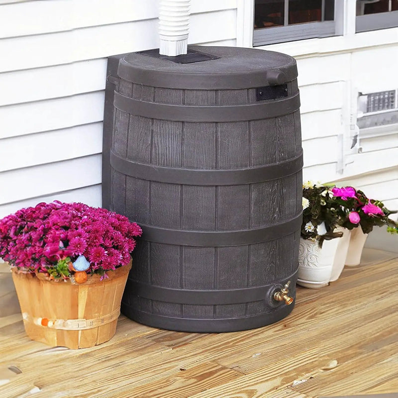 Good Ideas Rain Wizard 50 Gallon Plastic Outdoor Home Rain Barrel Water Storage Collector with Brass Spigot and Flat Back Design, Oak (4 Pack) by GreenHaven Gardens