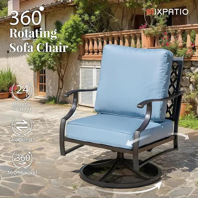Patio Furniture Set with Fire Pit Table, 5 Pcs Metal Outdoor Conversation Set, 4 Swivel Chairs with 5.75" Extra Thick Cushion and 28" Fire Pit Table for Backyard Deck, Blue by GreenHaven Gardens