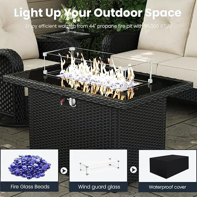 7 Pieces Outdoor Patio Furniture Sets with Rocking Swivel Chairs with 6-inch Thick Cushion and Fire Pit Table for Deck Lawn by GreenHaven Gardens