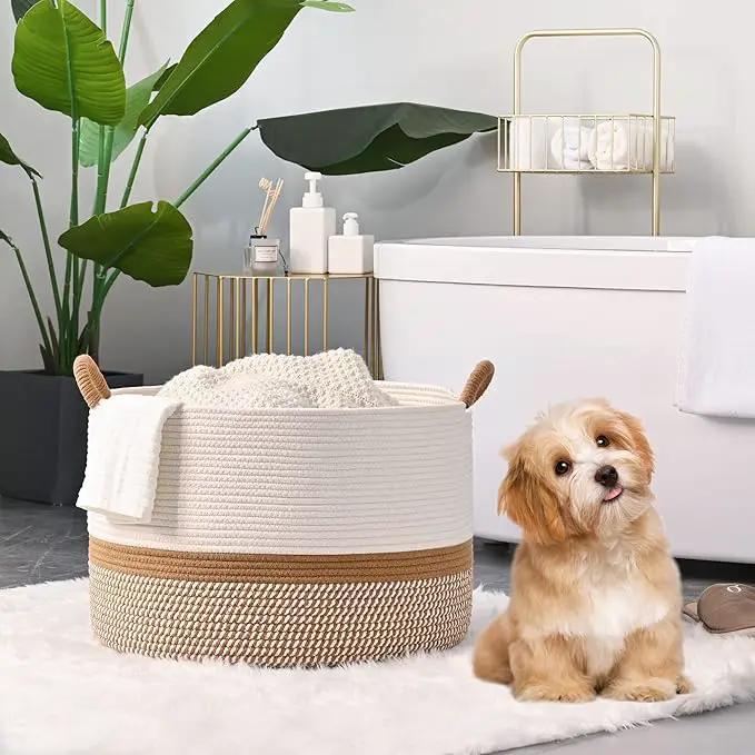 KAKAMAY Large Blanket Basket (20"x13"),Woven Baskets for storage Baby Laundry Hamper, Cotton Rope Blanket Basket for Living Room, Laundry, Nursery, Pillows, Baby Toy chest (White/Brown) by GreenHaven Gardens