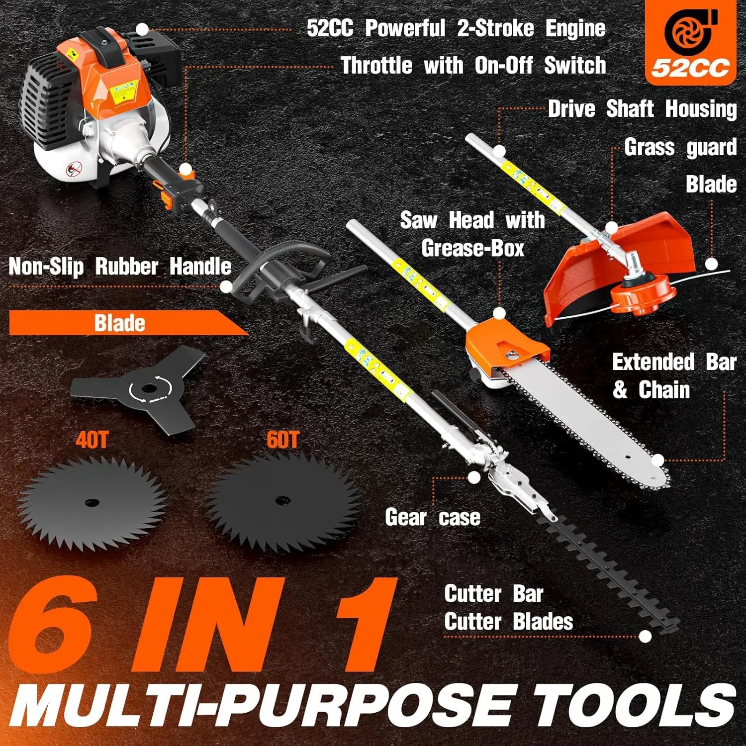52cc 6 in 1 2-Stroke Gas String Trimmer with Gas Hedge Trimmer,Brush Cutter Gas Powered,Gas Weed Eater for Weeds and Grass by GreenHaven Gardens