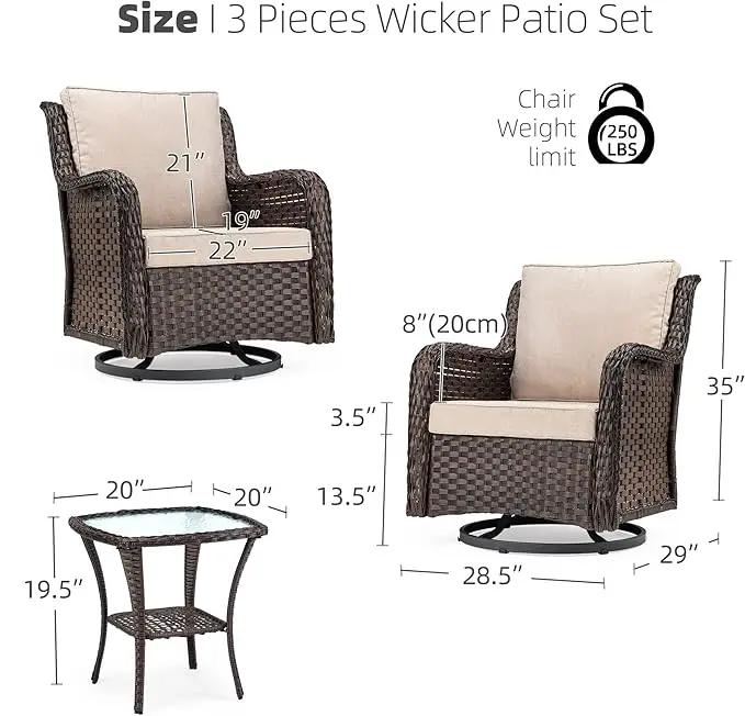 Towallmark Outdoor Swivel Wicker Glider Patio Chairs with Table Set, 3 Pieces Outdoor Bistro Set with 4”Thick Cushions and Coffee Table for Porch, Balcony, Deck (Beige) by GreenHaven Gardens