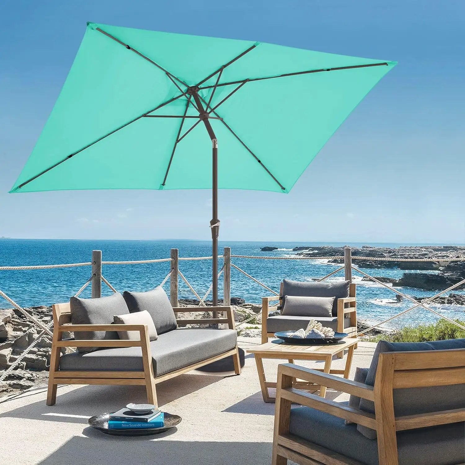 JEAREY 6.5x10 ft Rectangular Patio Umbrellas Outdoor Market Umbrella with Push Button Tilt and Crank, Rectangle Table Umbrella 6 Sturdy Ribs UV Protection for Pool Garden Backyard Deck, Aqua Sky by GreenHaven Gardens