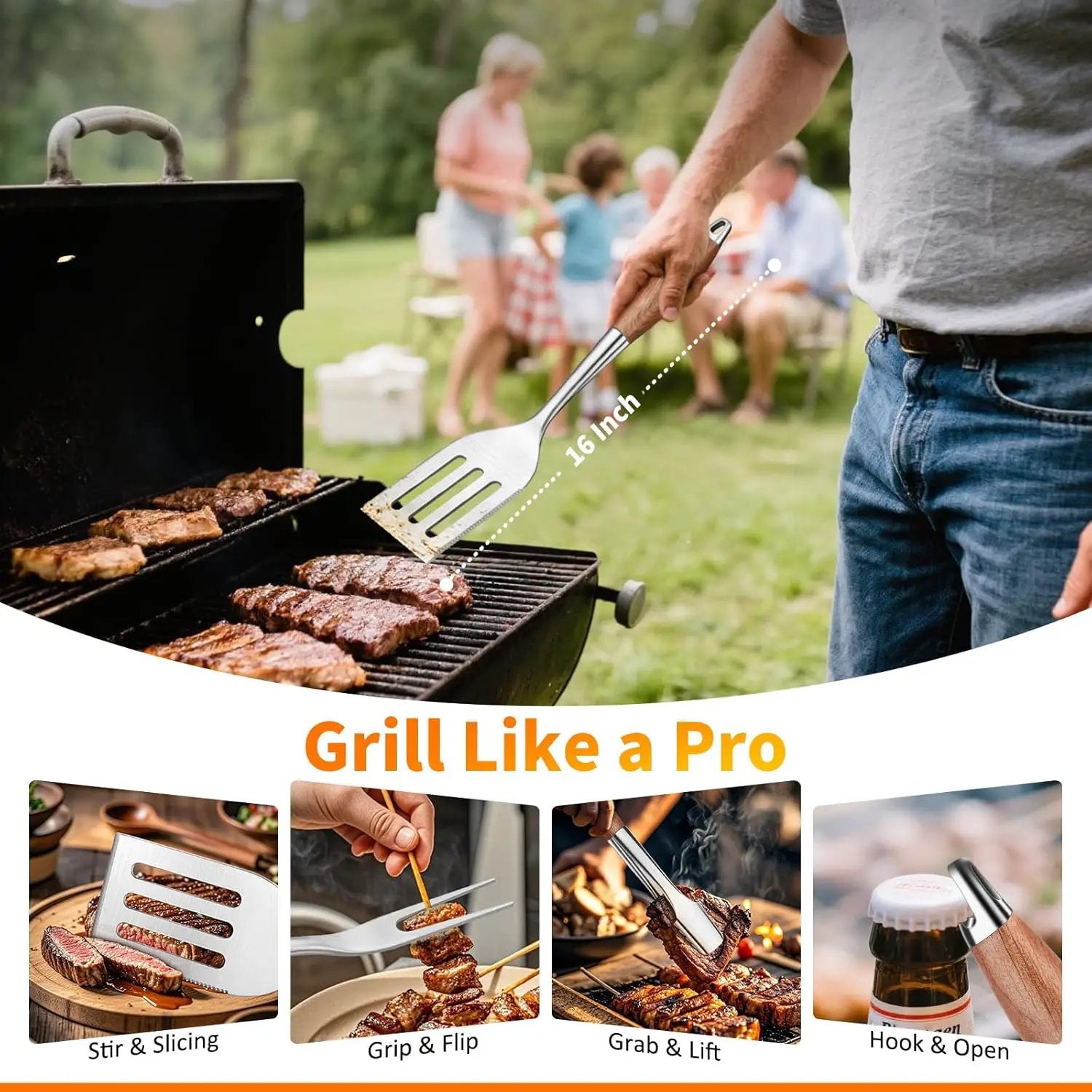 16 Inch Grilling Accessories Set, Heavy Duty Stainless Steel BBQ Accessories Tools and Grill Accessories for Outdoor Grill with Spatula, Fork, & Tongs - Grilling Gifts for Men Women Father by GreenHaven Gardens