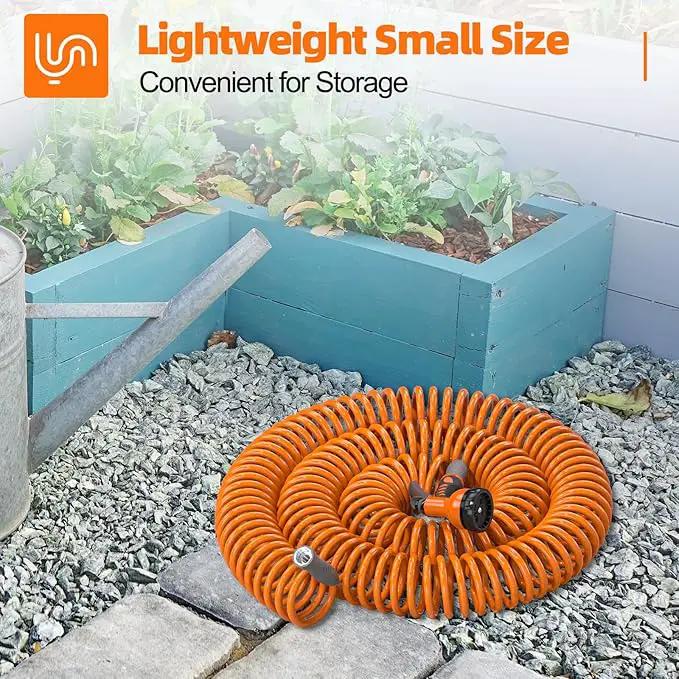 3/8” Lightweight Coil Garden Hose 100 FT, EVA Retractable Curly Water Pipe with 6-Pattern Spray Nozzle for Boat, Greenhouse, Yard, Patio (Orange) by GreenHaven Gardens