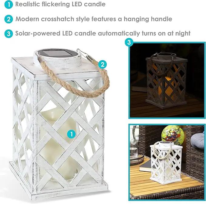 Sunnydaze Modern Crosshatch 9-Inch Solar LED Decorative Candle Lantern - Tabletop/Hanging Light - Set of 2 - White by GreenHaven Gardens