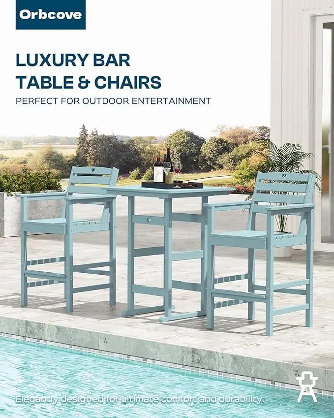 5-Piece Bar Height Outdoor Table and Chairs Set, HDPE Wood Grain Patio Bar Table and Chairs with Heart Cutout Design, Weather-Resistant Bar Height Furniture for Deck, Porch, Pool (Light Blue) by GreenHaven Gardens